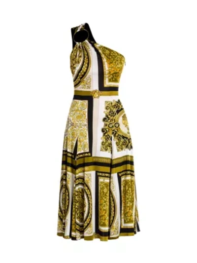 Shop Versace Barocco Mosaic Print Midi Dress In White Gold Multi