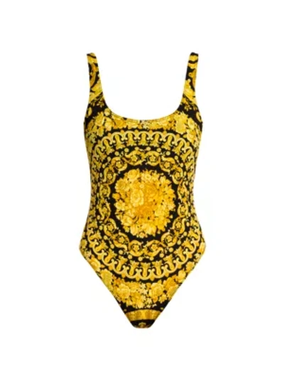 Shop Versace Barocco Low-back One-piece Swimsuit In Gold Print