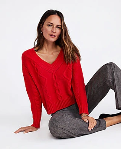 Shop Ann Taylor V-neck Cable Sweater In Candy Red