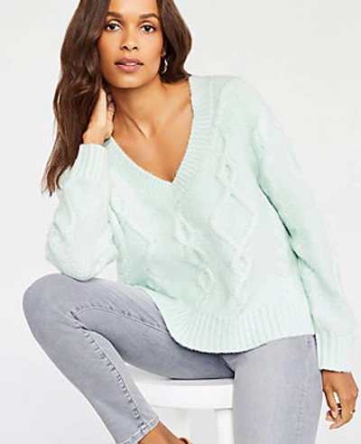 Shop Ann Taylor V-neck Cable Sweater In Mint Creme