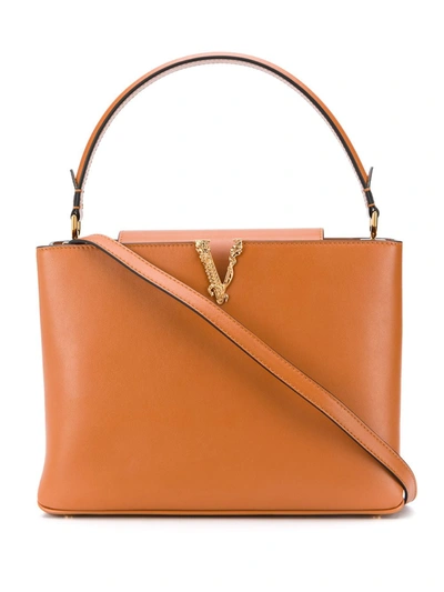 Shop Versace Virtus Square Handbag In Brown