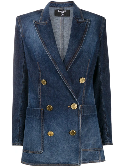 Shop Balmain Double-breasted Denim Blazer In Blue