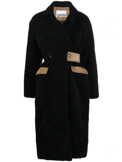 Shop Ganni Shearling Fitted-waist Double-breasted Coat In Black