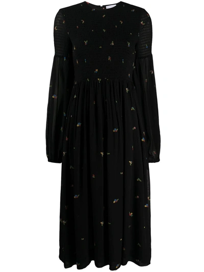 Shop Ganni Floral-print Ruched Dress In Black