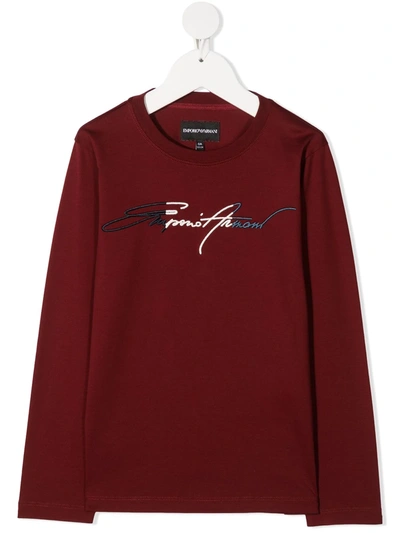 Shop Emporio Armani Long-sleeved Embroidered Logo Jumper In Red