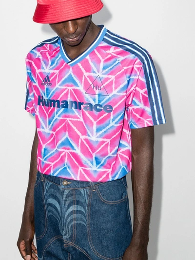 Shop Adidas Originals Human Race Football Strip T-shirt In Blue