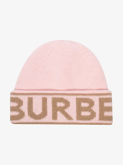 Shop Burberry Pink Logo Intarsia Cashmere Beanie Hat