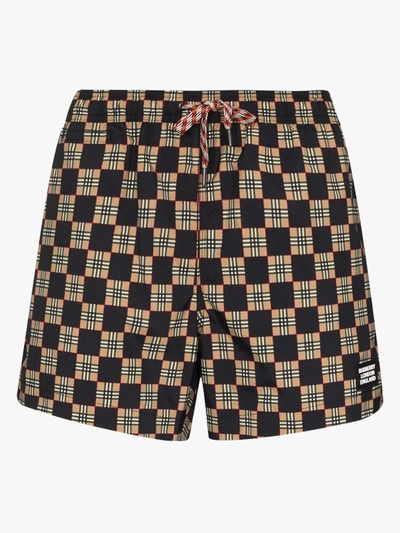 Shop Burberry Greenford Checked Swim Shorts In Black