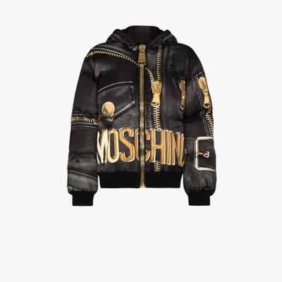 Shop Moschino Macro Biker Print Puffer Jacket In Black