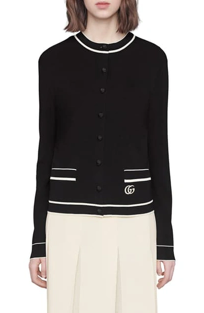 Shop Gucci Contrast Tipped Cardigan In Black/ Ivory/ Mix