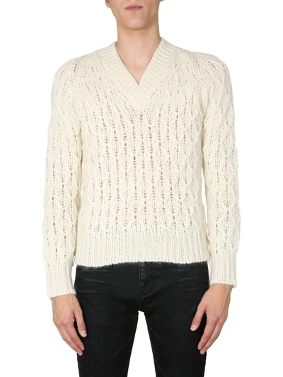 Shop Saint Laurent V-neck Sweater In Bianco