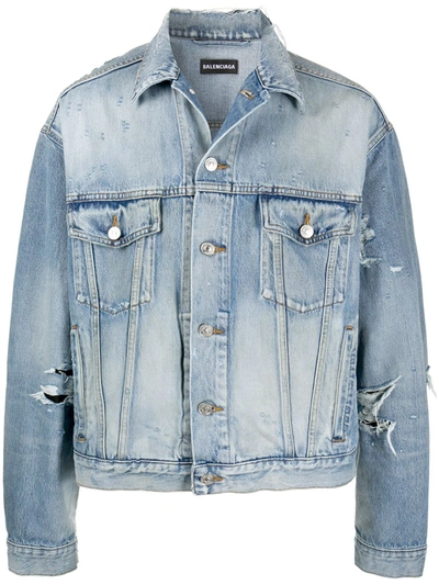 Shop Balenciaga Regular-fit Ripped Denim Jacket In Blue