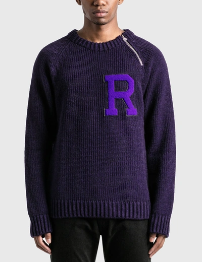 Shop Raf Simons Letter Badge And Zipper Raglan Sweater In Purple