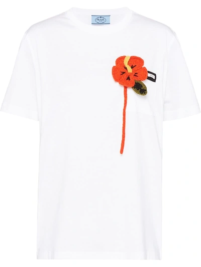 Shop Prada Floral Appliqué T-shirt In White