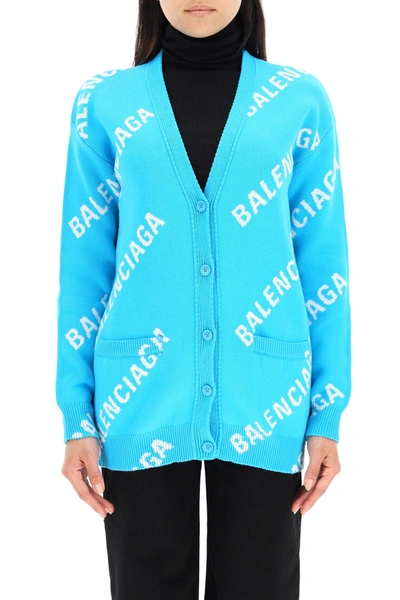 Shop Balenciaga Monogram Logo Cardigan In Turquoise White