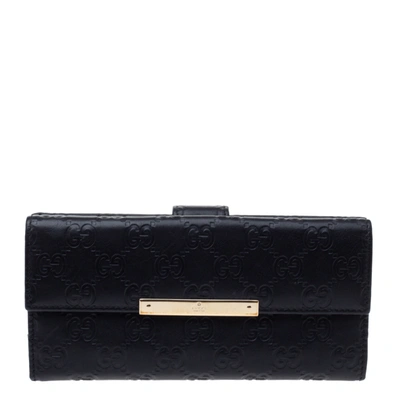 Pre-owned Gucci Ssima Leather Flap Continental Wallet In Black