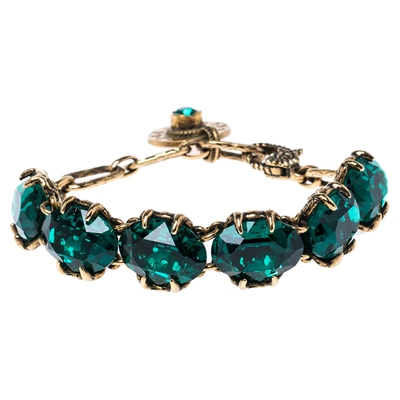 Pre-owned Gucci Crystal Embellished Gold Tone Bracelet In Green