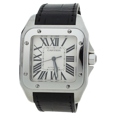 Pre-owned Cartier White Stainless Steel Alligator Leather Santos 100 W20073x8 Men's Wristwatch 38 Mm In Black