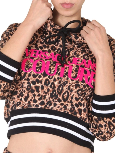 Shop Versace Jeans Couture Hooded Cropped Sweatshirt With In Animalier