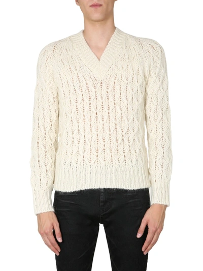 Shop Saint Laurent V-neck Sweater In White