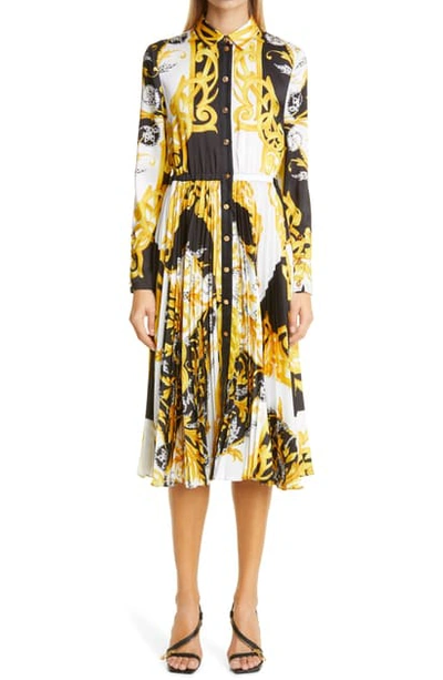 Shop Versace Barocco Acanthus Print Pleated Long Sleeve Silk Midi Shirtdress In A7027 White/ Black/ Gold