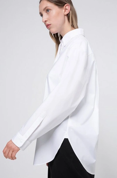 Shop Hugo Boss - Oversized Fit Blouse In Stretch Cotton With Logo Placket - White