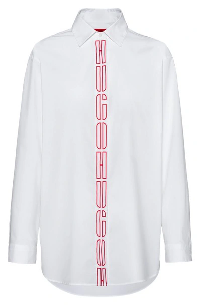 Shop Hugo Boss - Oversized Fit Blouse In Stretch Cotton With Logo Placket - White