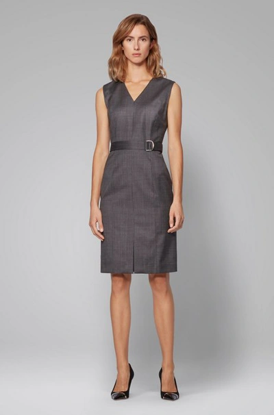 Shop Hugo Boss - Sleeveless Dress In Checked Super Stretch Virgin Wool - Patterned