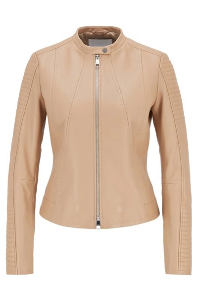 Shop Hugo Boss - Regular Fit Nappa Leather Jacket With Stand Collar - Beige