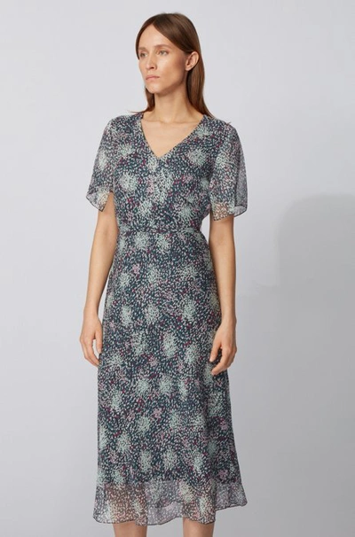 Shop Hugo Boss Kimono Sleeve Midi Dress In Printed Silk Chiffon In Patterned