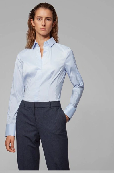 Shop Hugo Boss Slim-fit Blouse In Stretch Cotton-blend Poplin In Light Blue