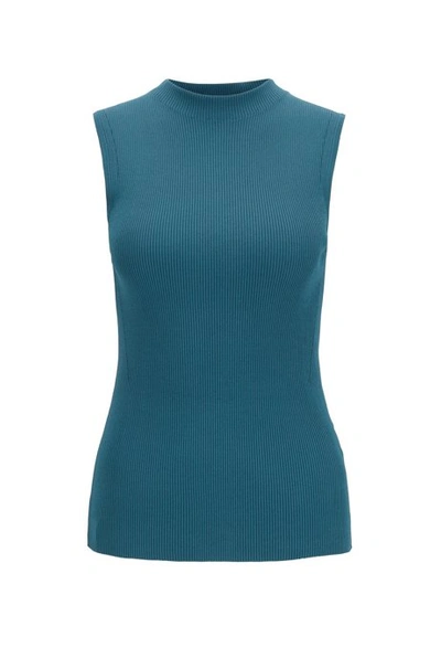 Shop Hugo Boss - Slim Fit Sleeveless Top In A Ribbed Knit - Dark Blue