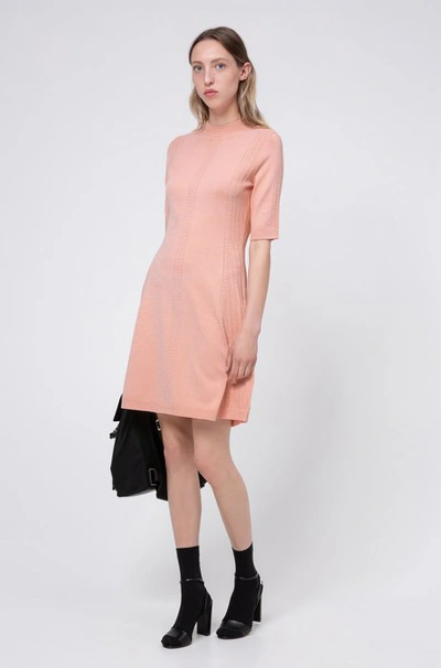 Shop Hugo Boss - Knitted Dress In Stretch Fabric With Lace Effect Details - Light Red