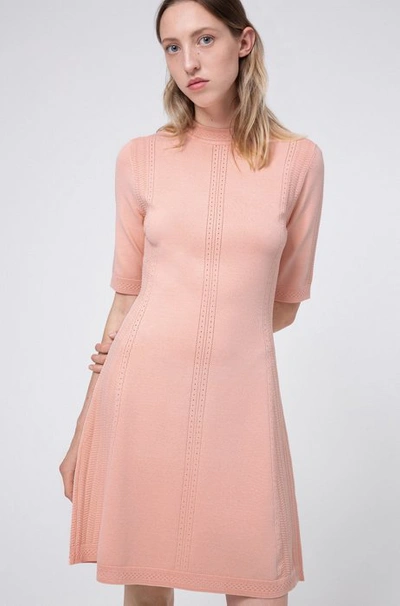 Shop Hugo Boss - Knitted Dress In Stretch Fabric With Lace Effect Details - Light Red