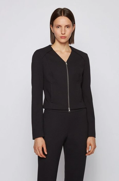 Shop Hugo Boss Regular Fit Cropped Jacket With Mini Houndstooth Pattern In Black