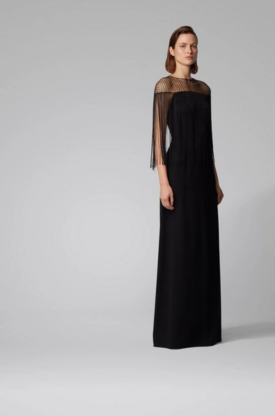 Hugo Boss - Satin Back Crepe Evening Gown With Macramé And Fringe Detailing  - Black | ModeSens