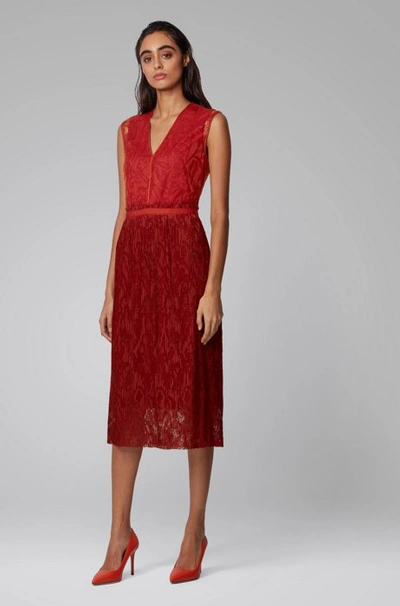 Shop Hugo Boss - Embroidered Lace Dress With Plissé Skirt Part - Patterned