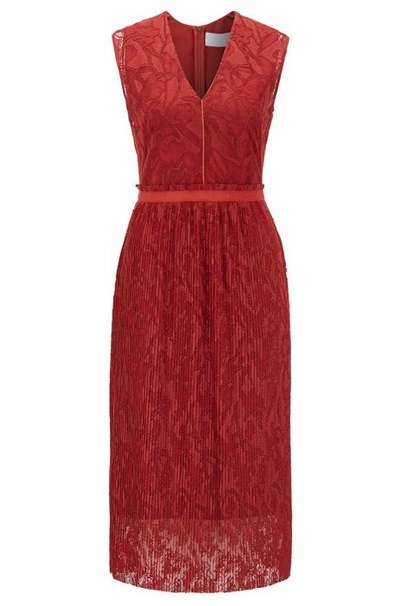 Shop Hugo Boss - Embroidered Lace Dress With Plissé Skirt Part - Patterned
