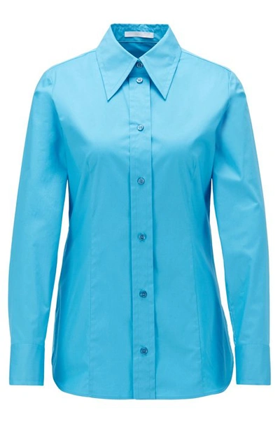 Shop Hugo Boss - Regular Fit Blouse In Paper Touch Stretch Cotton - Blue