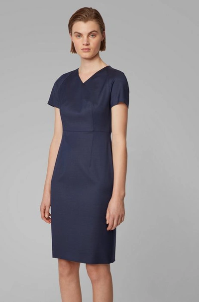 Shop Hugo Boss - Short Sleeved Dress In Patterned Italian Wool - Patterned