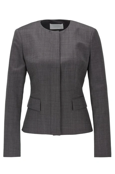 Shop Hugo Boss - Collarless Slim Fit Jacket In Wool With Natural Stretch - Patterned