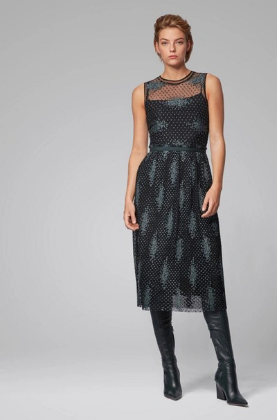 Shop Hugo Boss - Sleeveless Dress In Embroidered Tulle With Dot Motif - Patterned