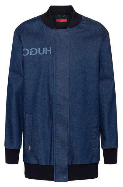 Shop Hugo Boss - Oversized Fit Bomber Style Jacket In Stretch Denim - Blue