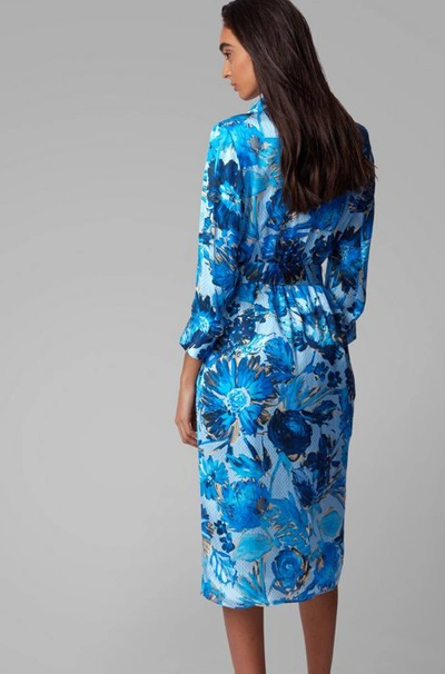 Shop Hugo Boss - Monogram Shirt Dress In Pure Silk With Floral Print - Patterned