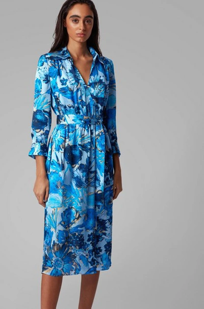 Shop Hugo Boss - Monogram Shirt Dress In Pure Silk With Floral Print - Patterned