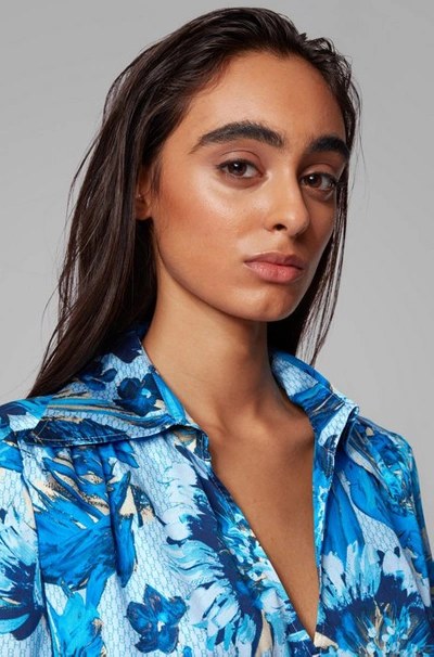 Shop Hugo Boss - Monogram Shirt Dress In Pure Silk With Floral Print - Patterned