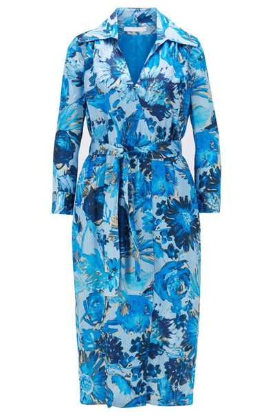 Shop Hugo Boss - Monogram Shirt Dress In Pure Silk With Floral Print - Patterned