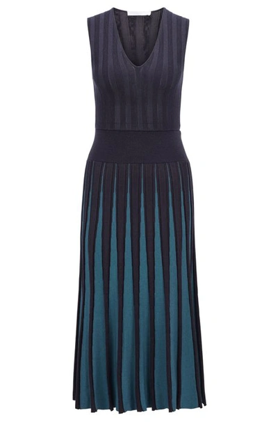 Shop Hugo Boss - Slim Fit Knitted Dress With Pleated Skirt - Patterned