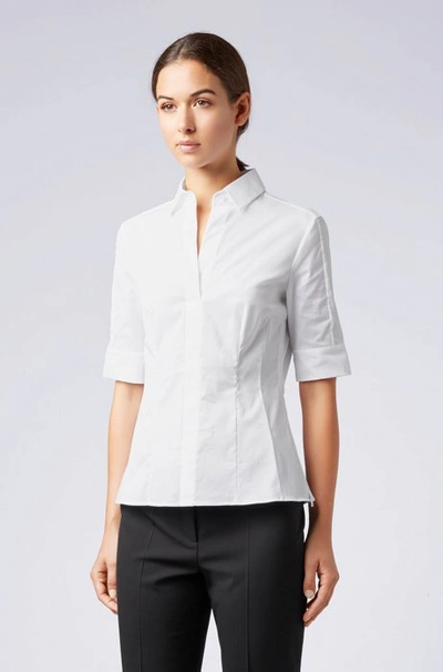 Shop Hugo Boss Slim Fit Cotton Blend Blouse With Mock Placket In White