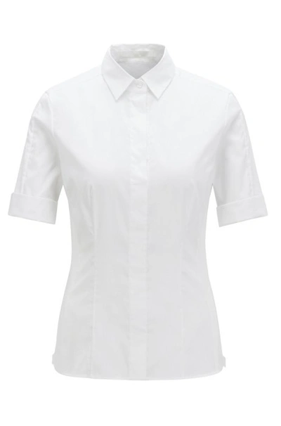 Shop Hugo Boss Slim Fit Cotton Blend Blouse With Mock Placket In White